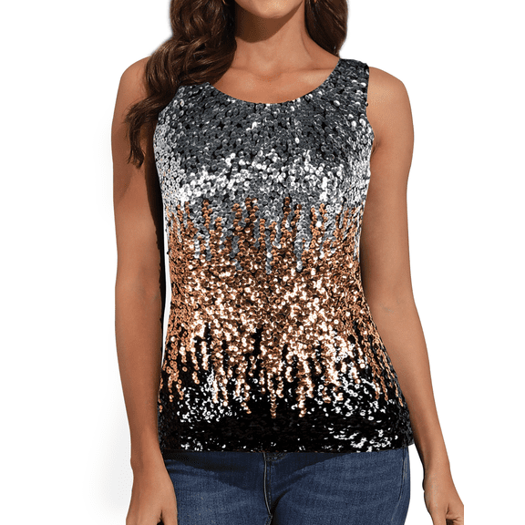 PrettyGuide Women Shimmer Glam Sequin Embellished Sparkle Tank Top Vest Tops Silver/Gold/Black, Medium