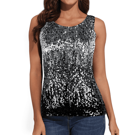 PrettyGuide Women Shimmer Glam Sequin Embellished Sparkle Tank Top Vest Tops XL Silver/Grey/Black