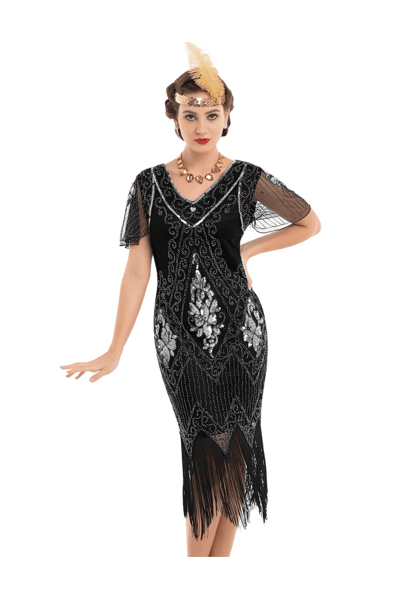 Women's 1920s Dress Sequin Art Deco Flapper Dress with Sleeve, XX-Large