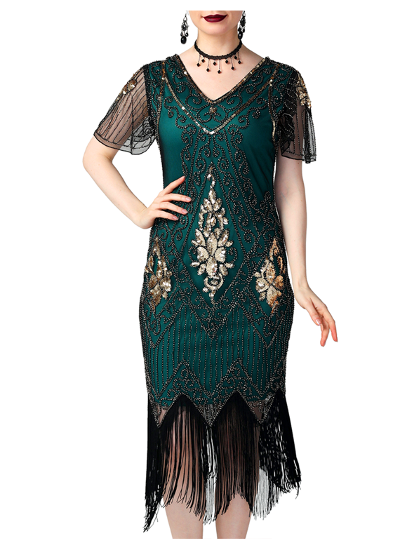 Women's 1920s Dress Sequin Art Deco Flapper Dress with Sleeve