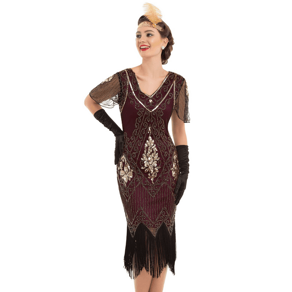 PrettyGuide Women's 1920s Dress Sequin Art Deco Flapper Dress with Sleeve