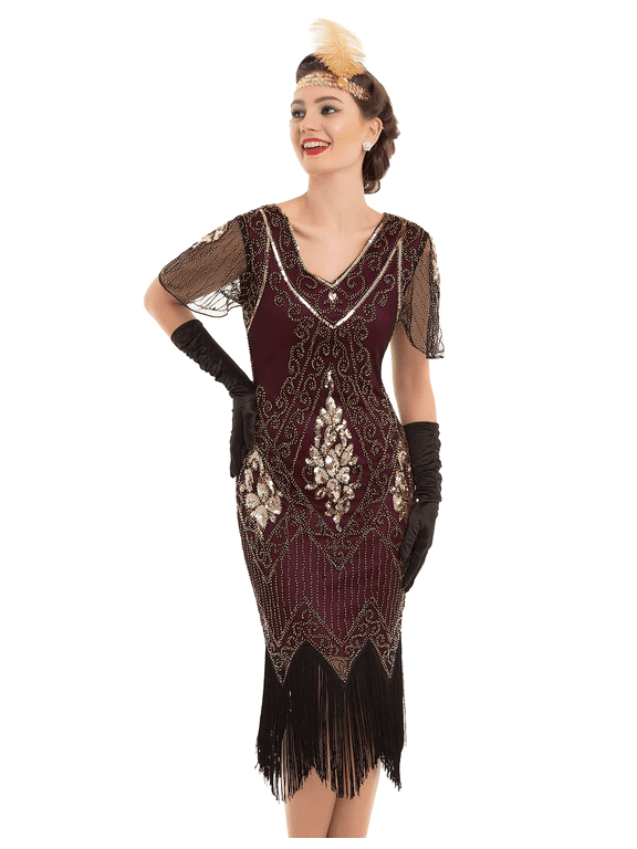 Women's 1920s Dress Sequin Art Deco Flapper Dress with Sleeve