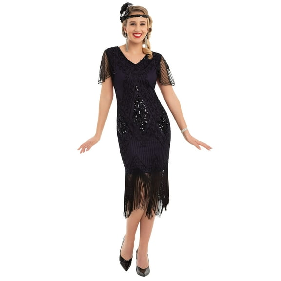 PrettyGuide Women's 1920s Dress Sequin Art Deco Flapper Dress with Sleeve