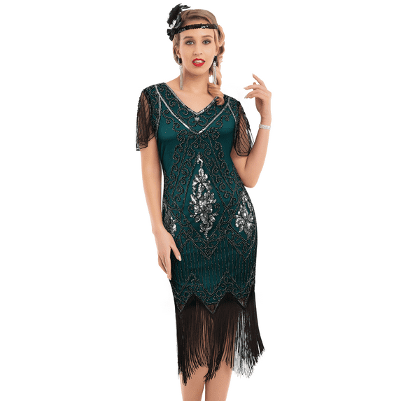 PrettyGuide Women's 1920s Dress Sequin Art Deco Flapper Dress with Sleeve