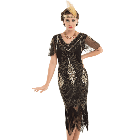 PrettyGuide Women's 1920s Dress Sequin Art Deco Flapper Dress with Sleeve