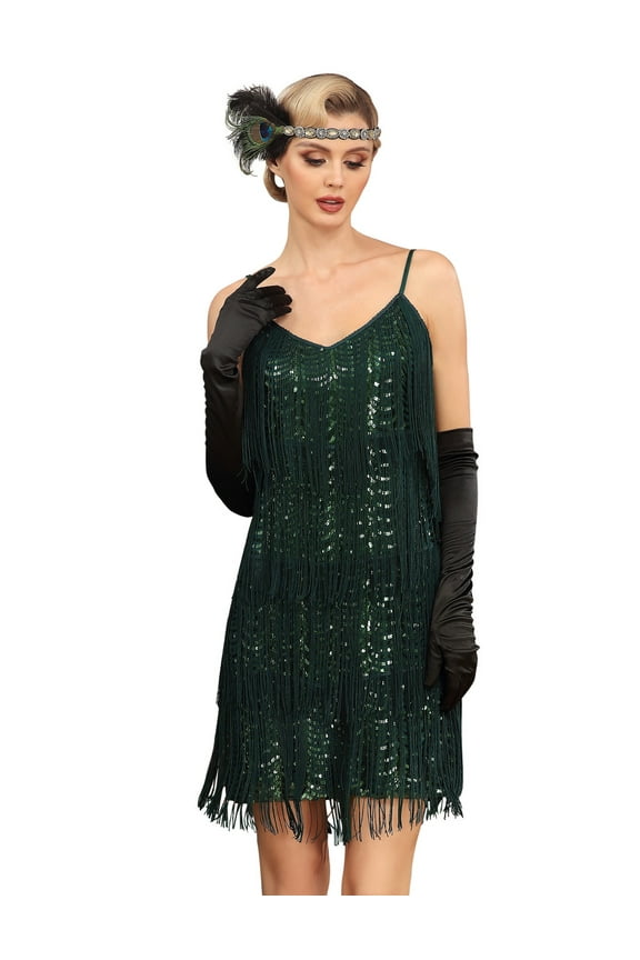 Women's 1920s Flapper Dress V Neck Slip Fringed Sequin 20s Great Gatsby Party Mini Dress