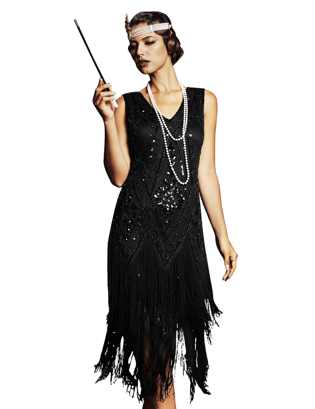 Zapaka Women 1920s Dress Black Golden One Shoulder Flapper Dress With  Fringes – ZAPAKA
