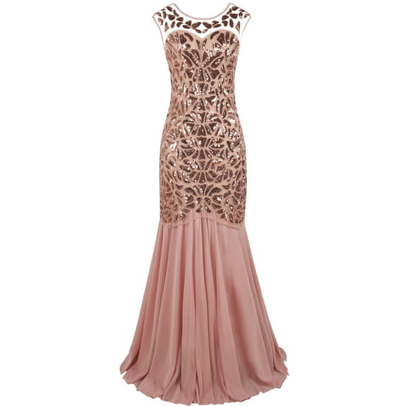 PrettyGuide Women's 1920s Vintage Sequin Dress Gatsby Flapper Formal Summer O Neck Glitter Long Mesh Evening Prom Dress Pink