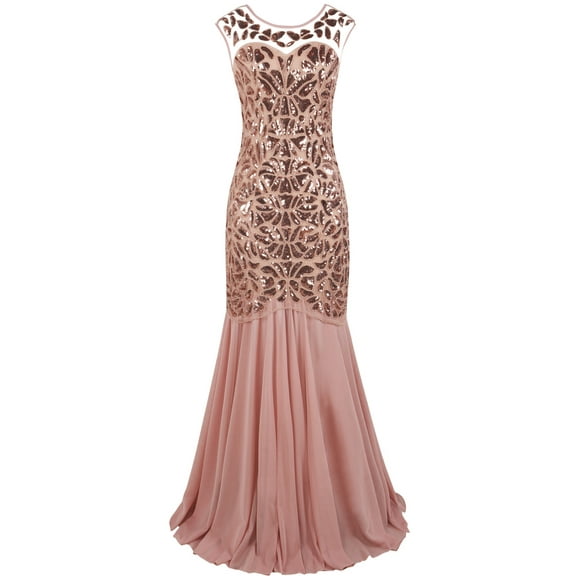 PrettyGuide Women's 1920s Vintage Sequin Dress Gatsby Flapper Formal Summer O Neck Glitter Long Mesh Evening Prom Dress Pink