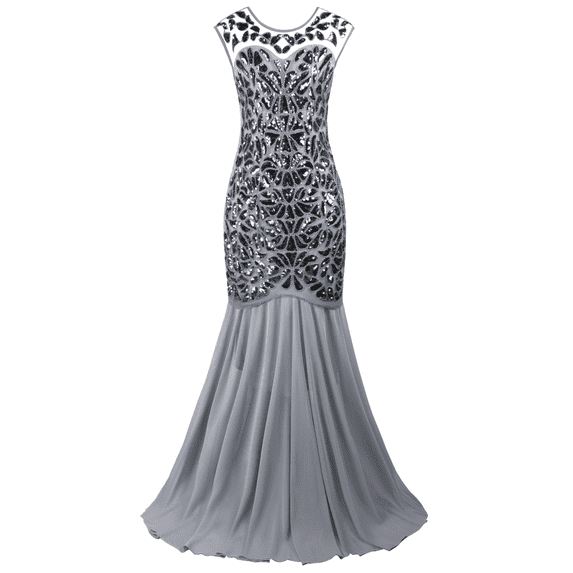 PrettyGuide Women's 1920s Vintage Sequin Dress Gatsby Flapper Formal Summer O Neck Glitter Long Mesh Evening Prom Dress