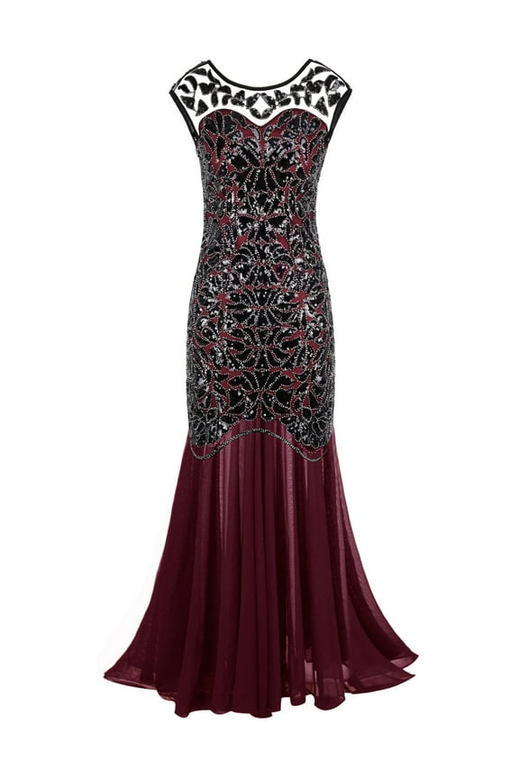 Women's 1920s Vintage Sequin Dress Gatsby Flapper Formal Summer O Neck Glitter Long Mesh Evening Prom Dress