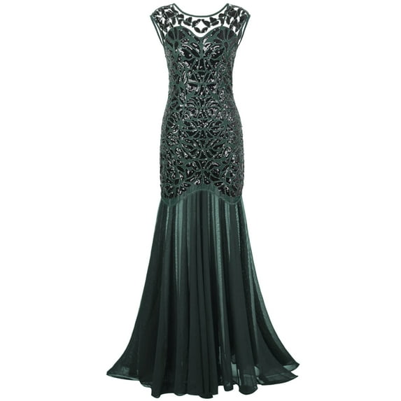 PrettyGuide Women's 1920s Vintage Sequin Dress Gatsby Flapper Formal Summer O Neck Glitter Long Mesh Evening Prom Dress