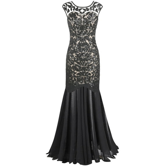 PrettyGuide Women's 1920s Vintage Sequin Dress Gatsby Flapper Formal Summer O Neck Glitter Long Mesh Evening Prom Dress
