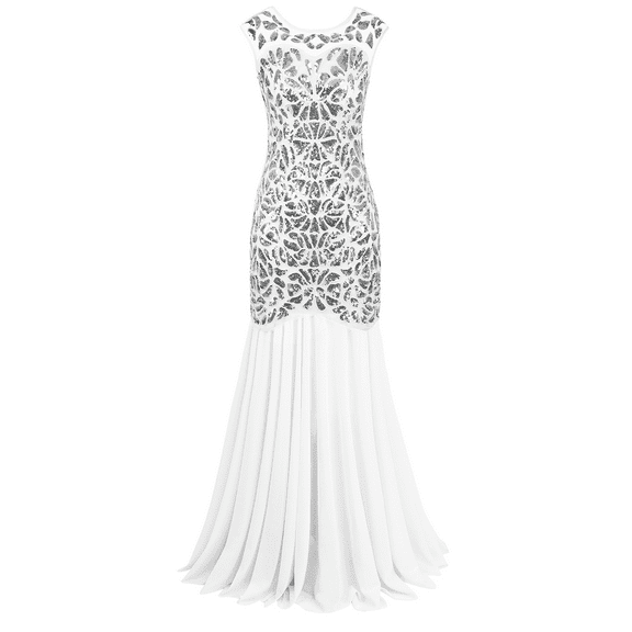 PrettyGuide Women's 1920s Vintage Sequin Dress Gatsby Flapper Formal Summer O Neck Glitter Long Mesh Evening Prom Dress