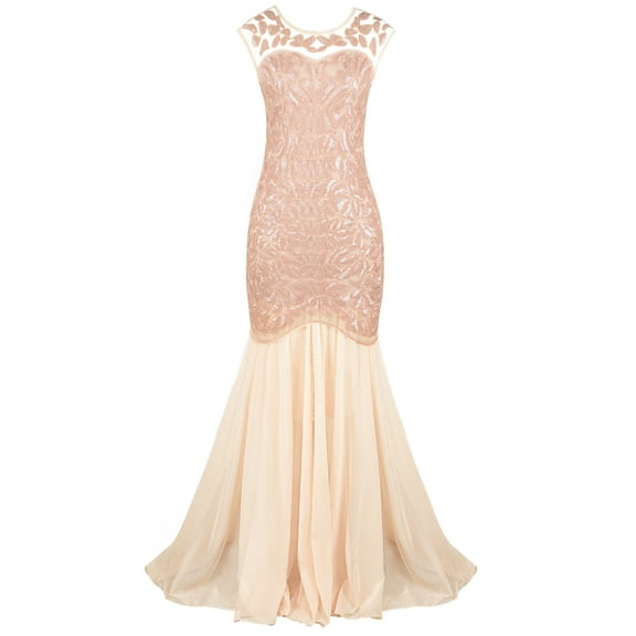 PrettyGuide Women's 1920s Vintage Sequin Dress Gatsby Flapper Formal Summer O Neck Glitter Long Mesh Evening Prom Dress
