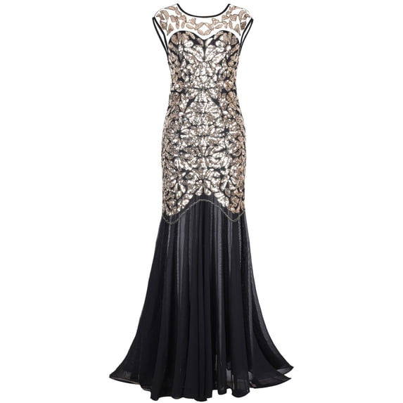 PrettyGuide Women's 1920s Vintage Sequin Dress Gatsby Flapper Formal Summer O Neck Glitter Long Mesh Evening Prom Dress