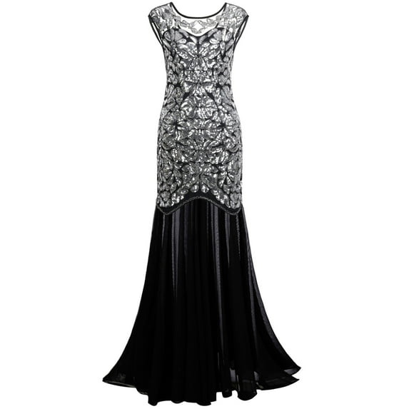 PrettyGuide Women's 1920s Vintage Sequin Dress Gatsby Flapper Formal Summer O Neck Glitter Long Mesh Evening Prom Dress