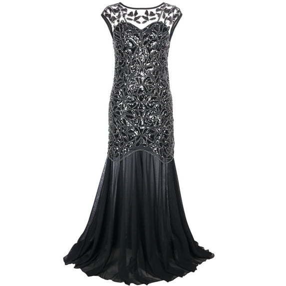 PrettyGuide Women's 1920s Vintage Sequin Dress Gatsby Flapper Formal Summer O Neck Glitter Long Mesh Evening Prom Dress