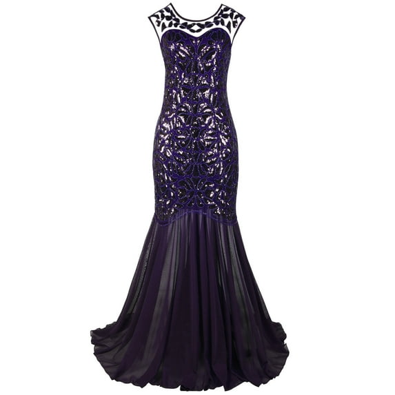 PrettyGuide Women's 1920s Vintage Sequin Dress Gatsby Flapper Formal Summer O Neck Glitter Long Mesh Evening Prom Dress