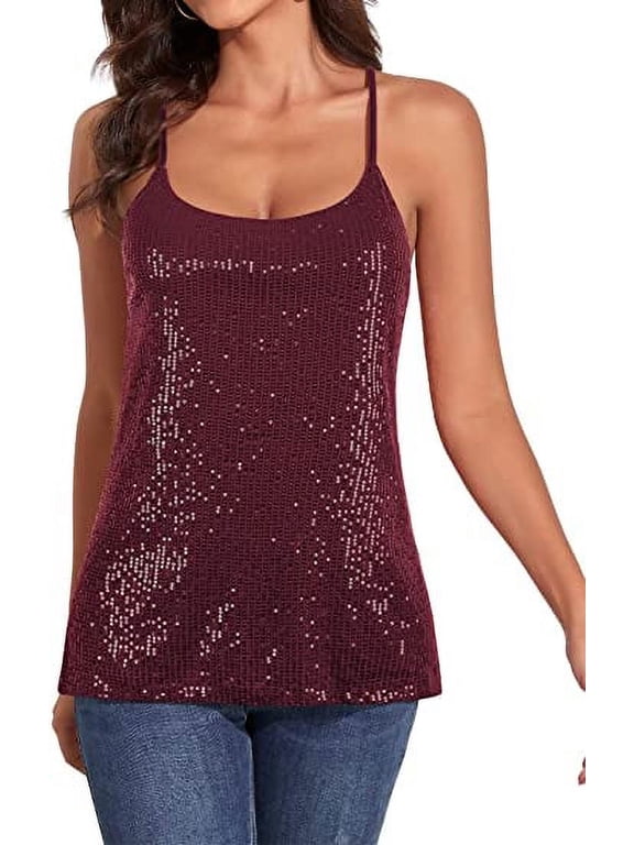 Women's All Over Sequin Top Shimmer Strappy Camisole Sparkly Tank Tops Party Shirts, Small