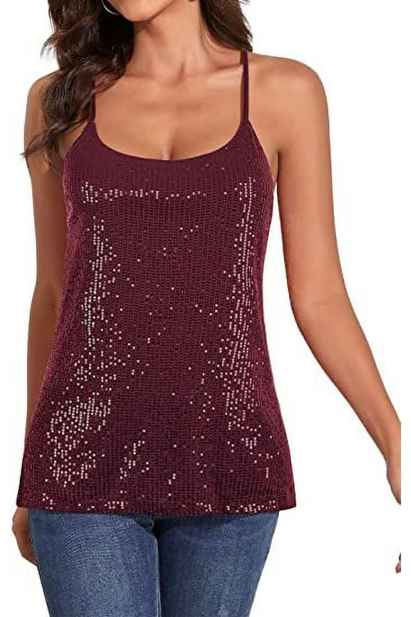 Women's All Over Sequin Top Shimmer Strappy Camisole Sparkly Tank Tops Party Shirts, Small