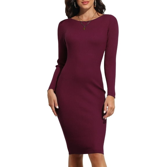 PrettyGuide Women's Boat Neck Bodycon Sweater Dress Long Sleeve Slim Fit Solid Ribbed Knit Midi Pullover Dresses