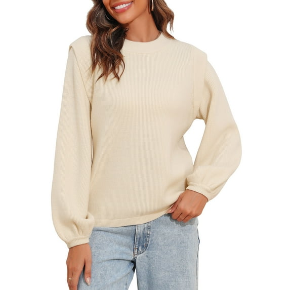 PrettyGuide Women's Casual Crewneck Lantern Sleeve Sweaters Flutter Shoulder Chunky Knit Pullover Sweater Tops