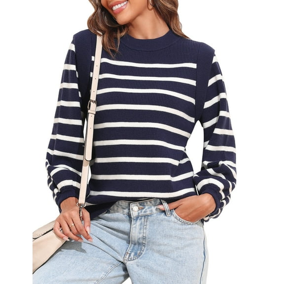 PrettyGuide Women's Casual Crewneck Lantern Sleeve Sweaters Flutter Shoulder Chunky Knit Pullover Sweater Tops