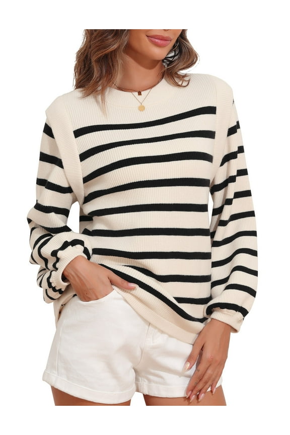 Women's Casual Crewneck Lantern Sleeve Sweaters Flutter Shoulder Chunky Knit Pullover Sweater Tops