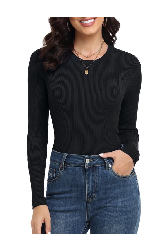 Women's Crewneck Sweater Long Sleeve Slim Fit Basic Ribbed Knit Casual Tops Pullover Sweater