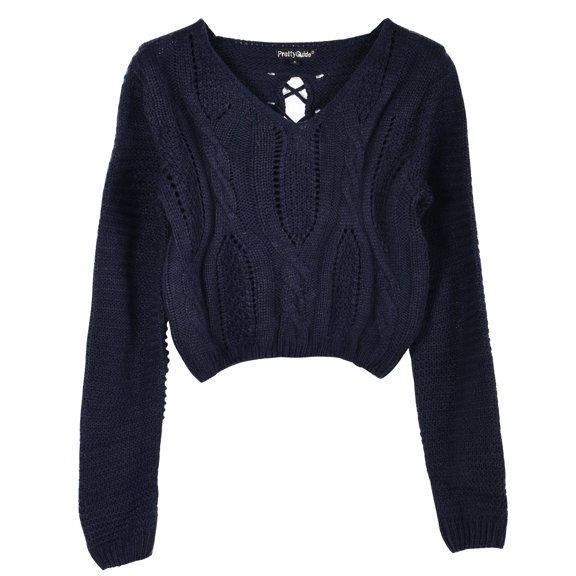 PrettyGuide Women's Cropped Sweater Long Sleeve Eyelet Cable Lace Up Goth Crop Tops
