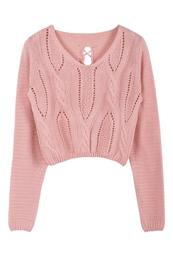 Women's Cropped Sweater Long Sleeve Eyelet Cable Lace Up Goth Crop Tops