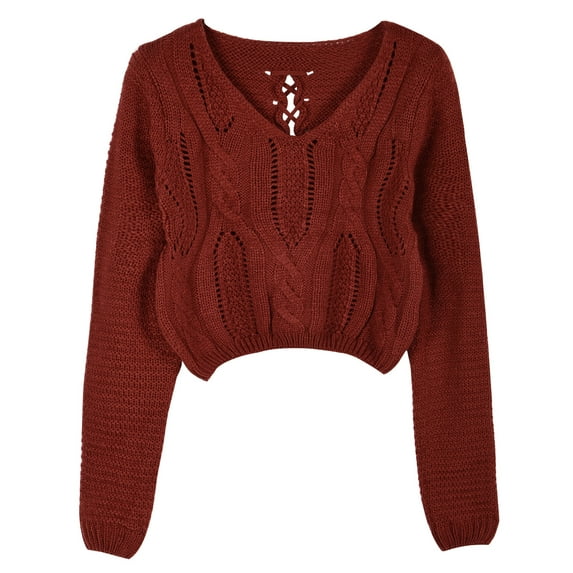 PrettyGuide Women's Cropped Sweater Long Sleeve Eyelet Cable Lace Up Goth Crop Tops