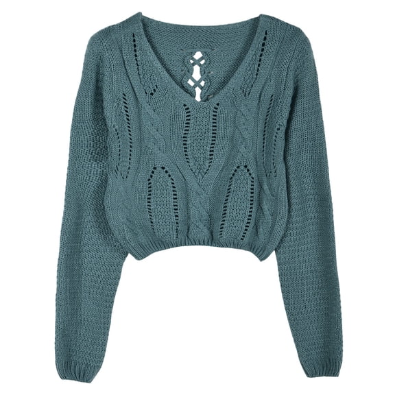 PrettyGuide Women's Cropped Sweater Long Sleeve Eyelet Cable Lace Up Goth Crop Tops