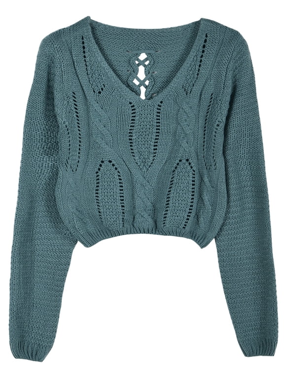 Women's Cropped Sweater Long Sleeve Eyelet Cable Lace Up Goth Crop Tops