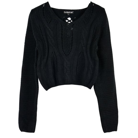 PrettyGuide Women's Cropped Sweater Long Sleeve Eyelet Cable Lace Up Goth Crop Tops