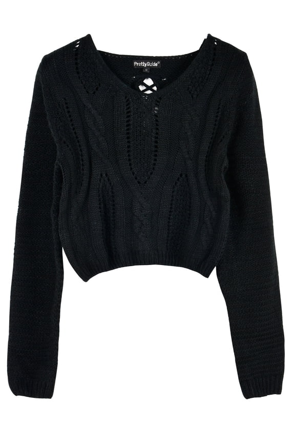 Women's Cropped Sweater Long Sleeve Eyelet Cable Lace Up Goth Crop Tops