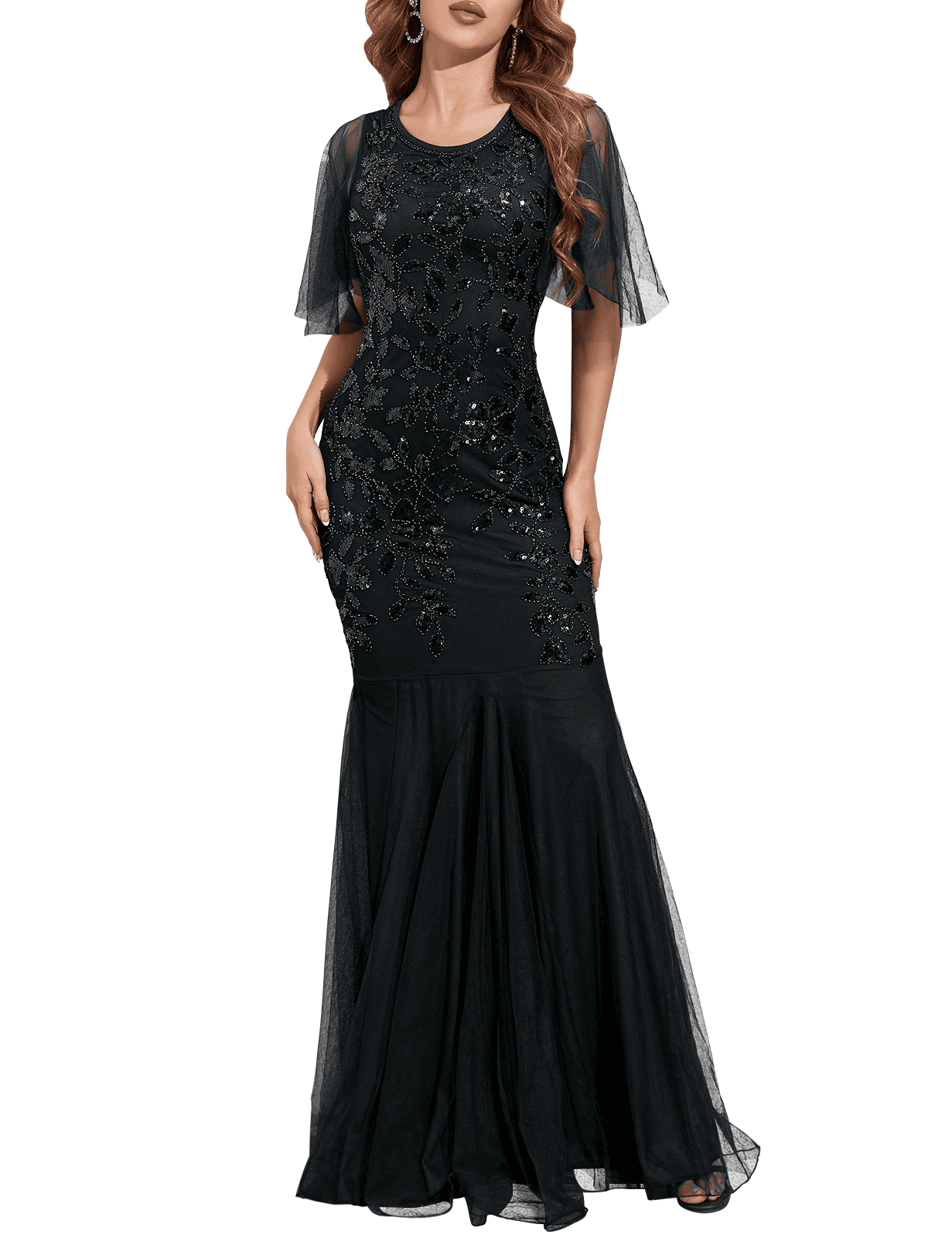 Women's V-Neck Sequin Mermaid Evening Gown - Long Beaded Tassel Sleeve Party Dress (Black & Silver, XL) - View #8