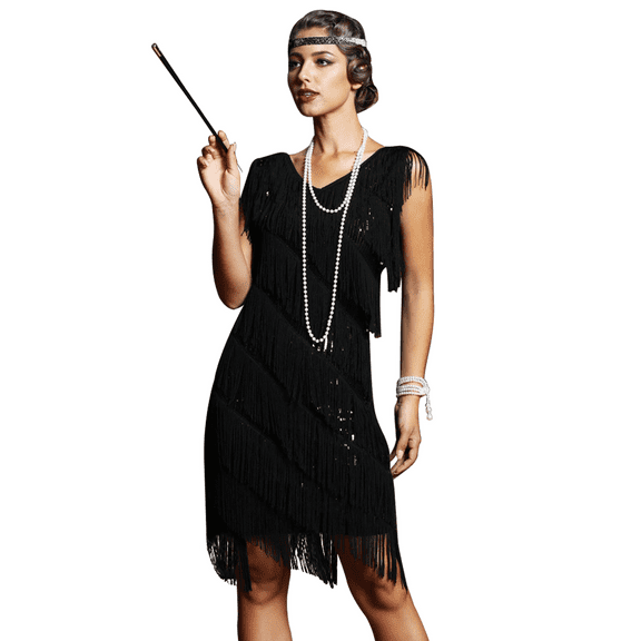 PrettyGuide Women's Flapper Dress Sequined Fringe 1920s Gatsby Party Cocktail Dresses Black, Large