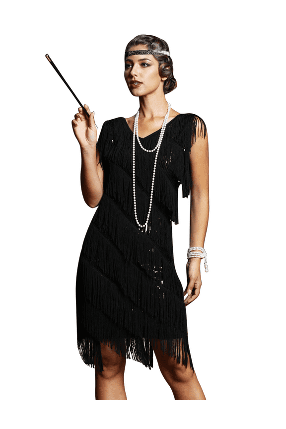 Women's Flapper Dress Sequined Fringe 1920s Gatsby Party Cocktail Dresses Black, Large