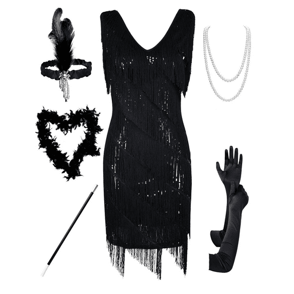 PrettyGuide Women's Flapper Dress Sequined Fringe 1920s Gatsby Party Cocktail Dresses Black with Accessories, X-Large