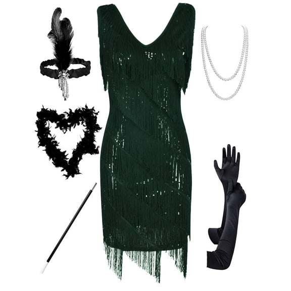 PrettyGuide Women's Flapper Dress Sequined Fringe 1920s Gatsby Party Cocktail Dresses Dark Green with Accessories, Small