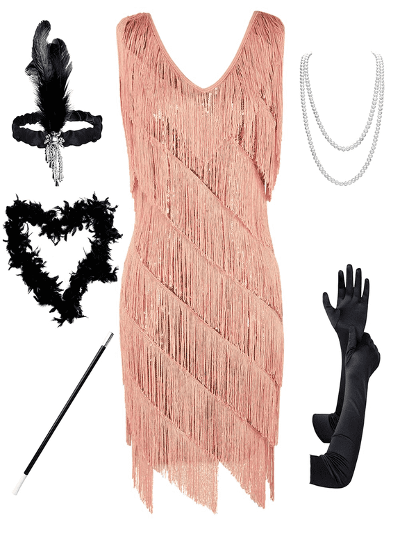 Women's Flapper Dress Sequined Fringe 1920s Gatsby Party Cocktail Dresses Rose Gold with Accessories, Large