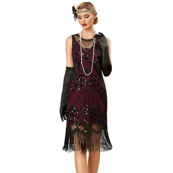 PrettyGuide Women's Flapper Dresses 1920s Sequin Long Fringe Art Deco 20s Great Gatsby Dress