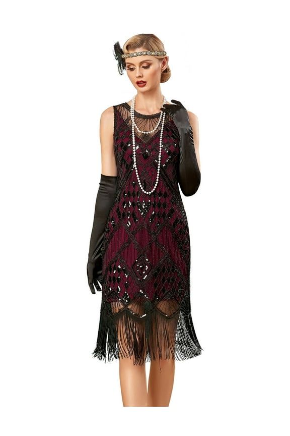 Women's Flapper Dresses 1920s Sequin Long Fringe Art Deco 20s Great Gatsby Dress