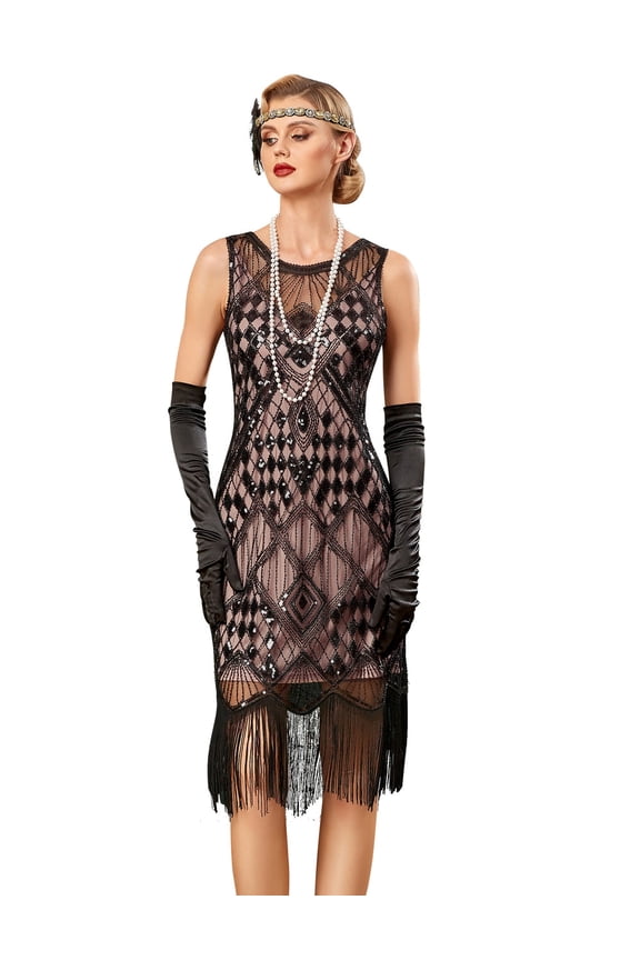 Women's Flapper Dresses 1920s Sequin Long Fringe Art Deco 20s Great Gatsby Dress