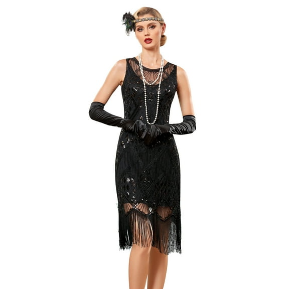 PrettyGuide Women's Flapper Dresses 1920s Sequin Long Fringe Art Deco 20s Great Gatsby Dress