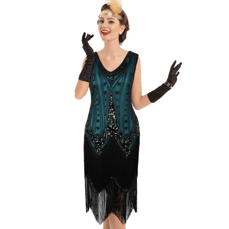 Free Shipping PrettyGuide Women s Flapper Dresses Sequin Pearl Fringe Dress V Neck 1920s Dress Art Deco Great Gatsby Dress Walmart