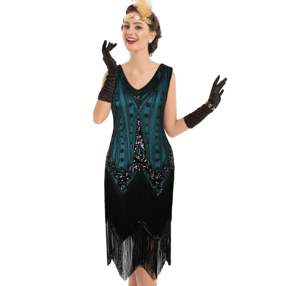 PrettyGuide Women's Flapper Dresses Sequin Pearl Fringe Dress V Neck 1920s Dress Art Deco Great Gatsby Dress