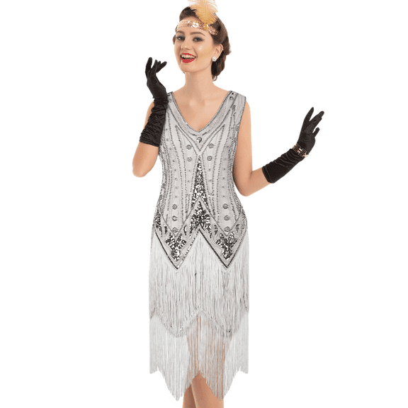 PrettyGuide Women's Flapper Dresses Sequin Pearl Fringe Dress V Neck 1920s Dress Art Deco Great Gatsby Dress